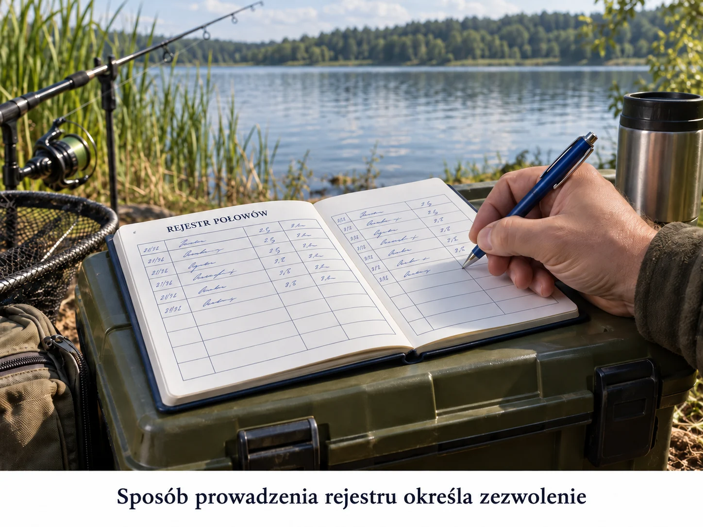 Rejestr połowów z nieczytelnymi wcześniejszymi wpisami tekstowymi i liczbowymi; wędkarz uzupełnia kolejną komórkę.