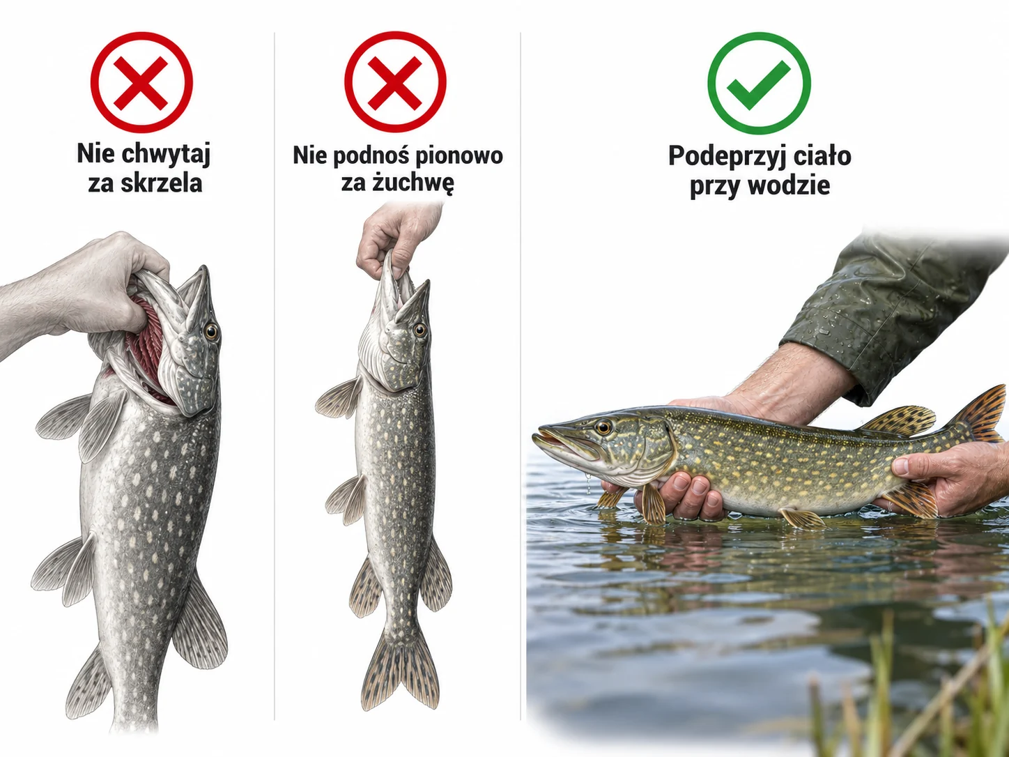 Poprawne podparcie ryby zestawione z nieprawidłowymi chwytami.