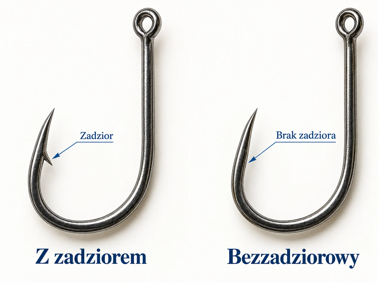 Makro porównujące identyczny haczyk z zadziorem i bezzadziorowy.