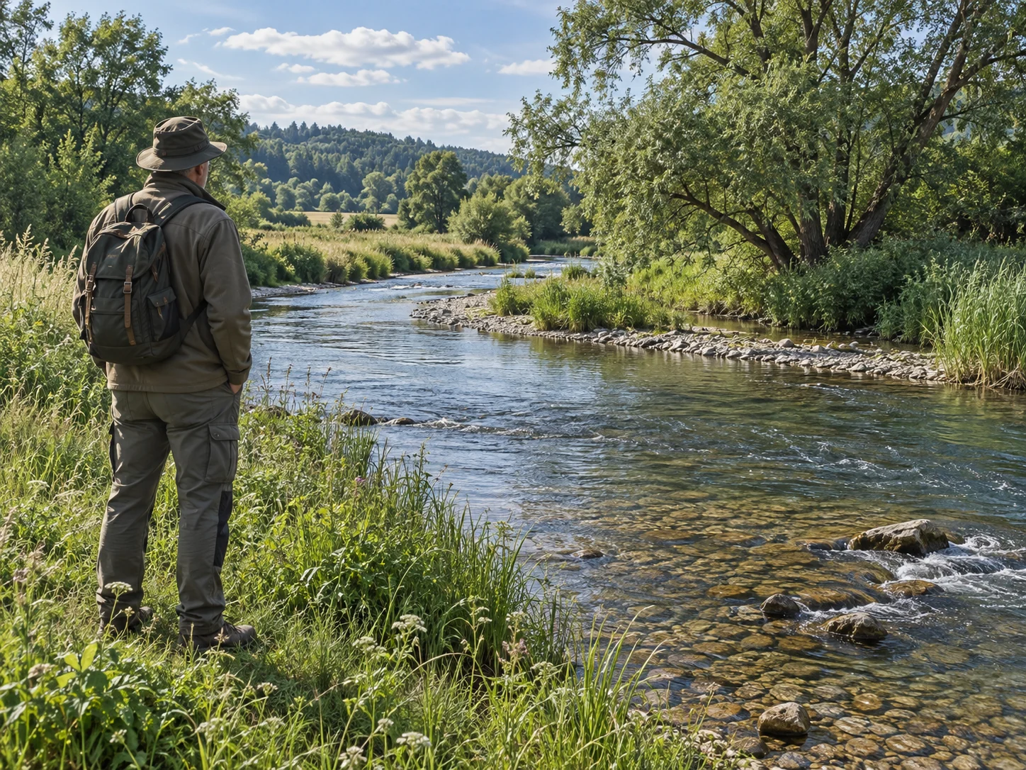 Obserwacja naturalnego siedliska rzecznego z brzegu, bez połowu i napisów.