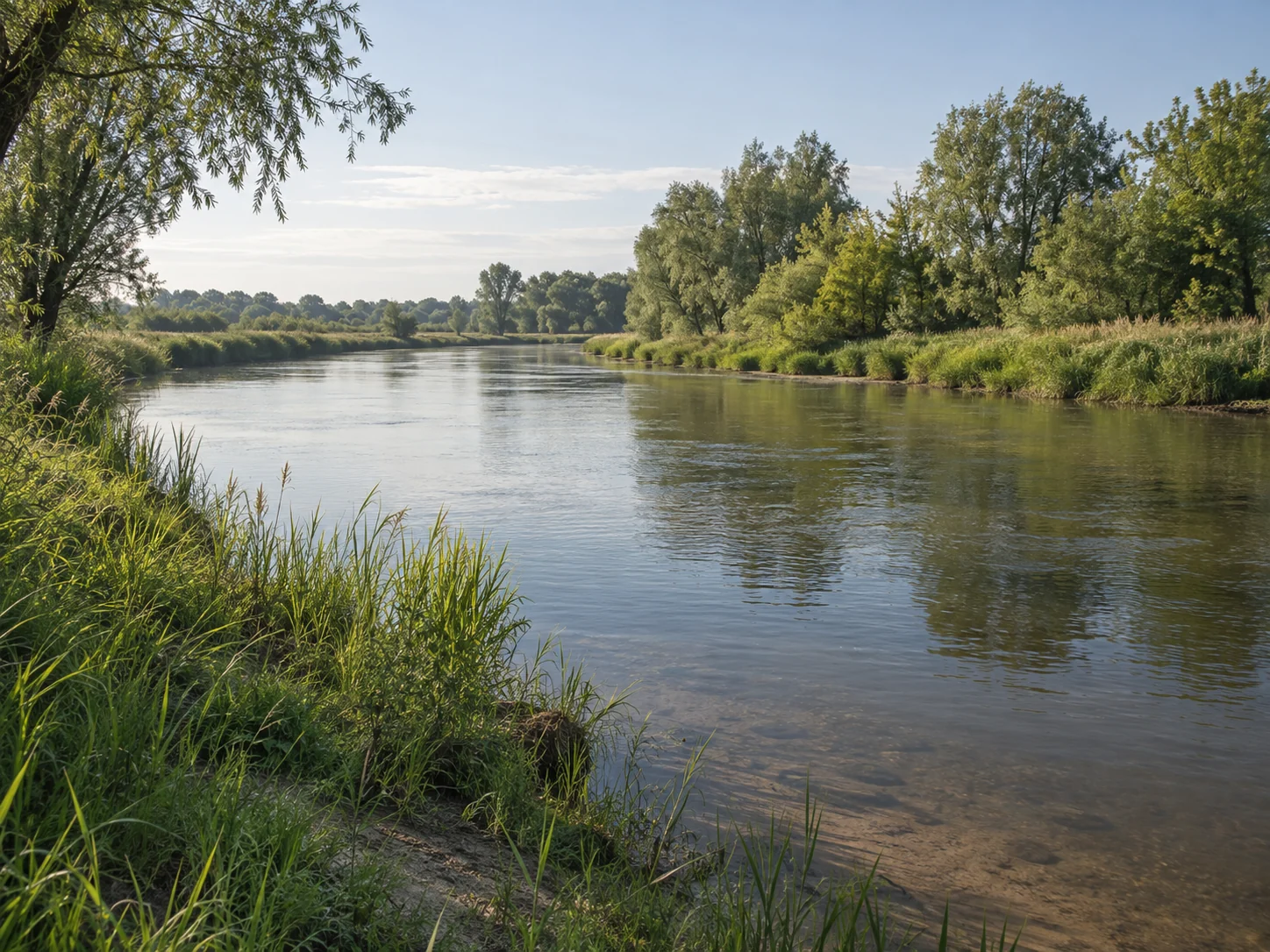 Wolno płynąca nizinna rzeka z roślinnością przy brzegu i płytką, piaszczysto-mulistą strefą przybrzeżną.